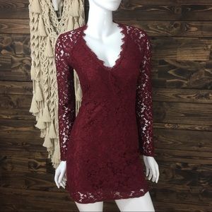 WAYF | Scalloped Lace Faux Wrap Long Sleeve Dress‎ Red